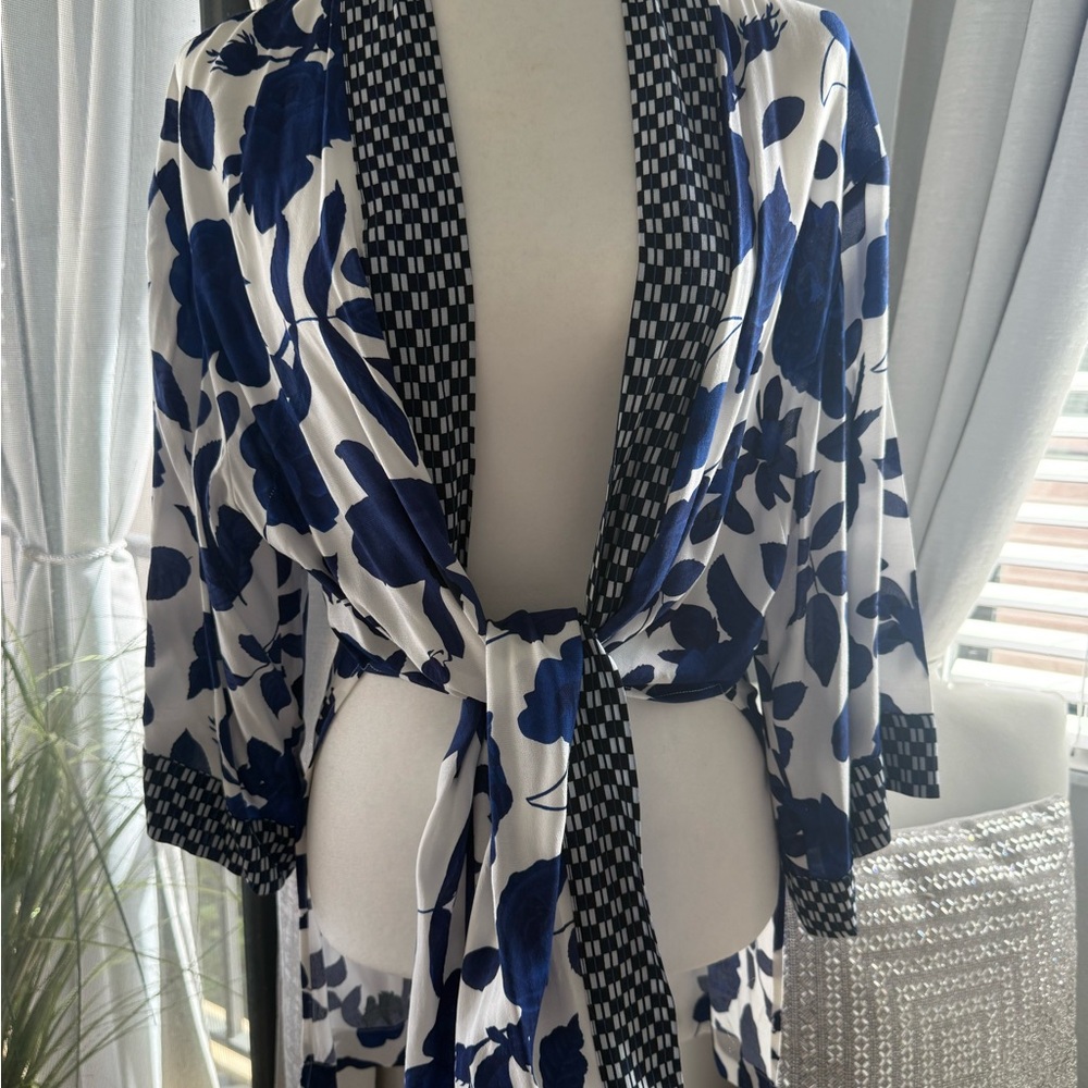 CAbi White and Blue Floral cardigan with Black Trim